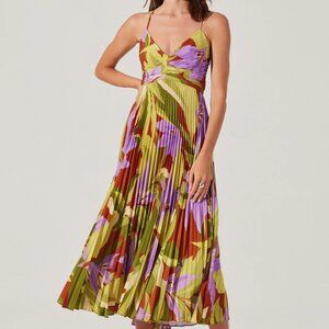 Astr Pleated Midi Dress in Olive Green, Lavender & Rust Floral
